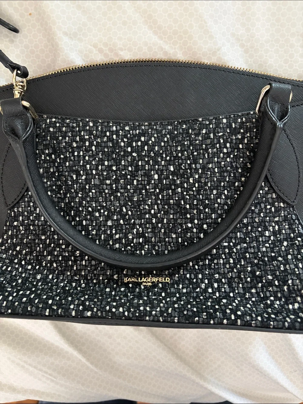 Karl Lagerfeld Black Tweed-Panel Satchel with Gold Hardware